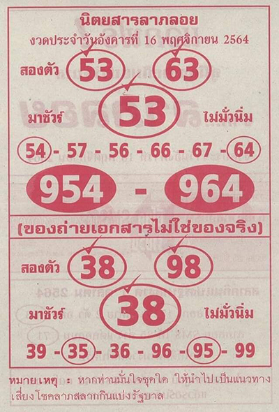 หวยนิตยสารลาภลอย16/11/64